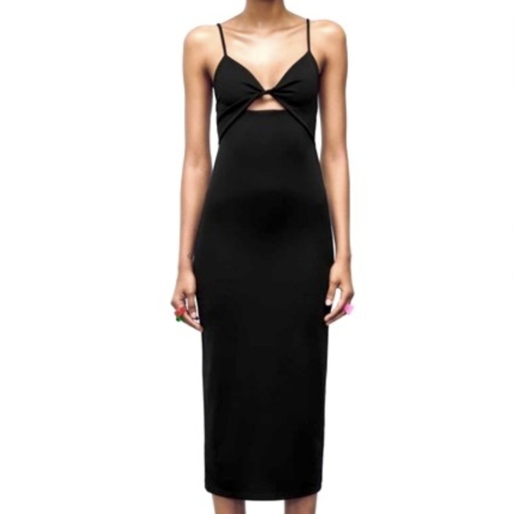 Zara black sleeveless midi slip dress with cut out detail